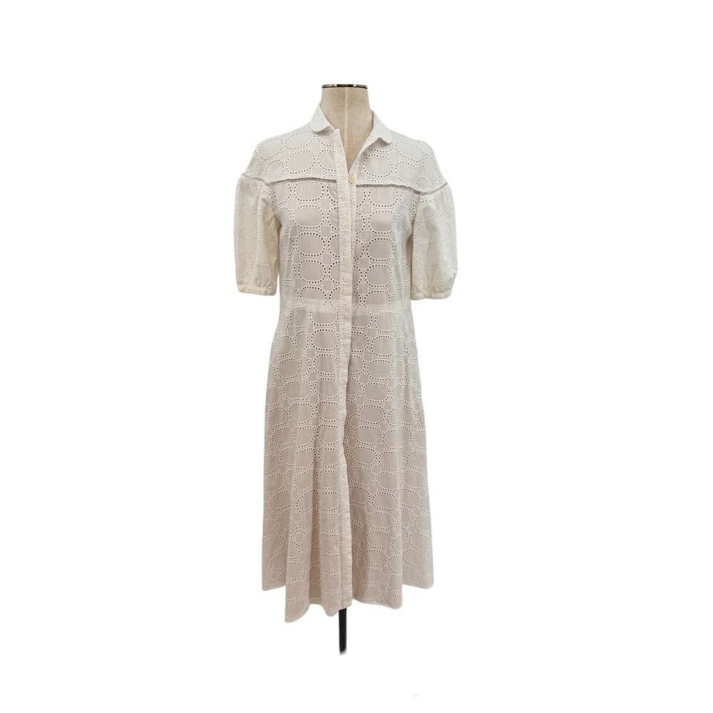 Pearl by Lela Rose Eyelet Shirt Dress White Cotton Midi Button Front Size Small